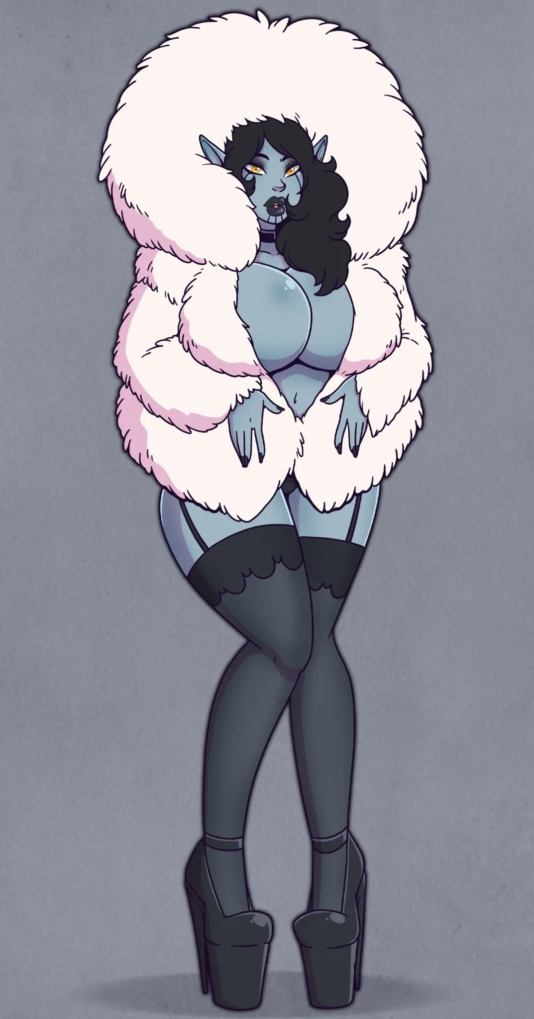 Image 1girls,breasts,female,navel,huge_ass,thick_thighs,wide_hips,midriff,huge_breasts,bimbo,high_heels,fur_coat,bimbo_body,wrenzephyr2