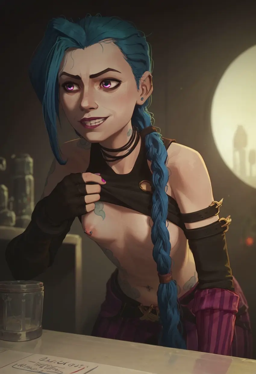 Image 1girls,breasts,female,female_only,no_bra,solo,small_breasts,ai_generated,tattoo,twintails,league_of_legends,riot_games,twin_braids,jinx_(league_of_legends),arcane,arcane_jinx