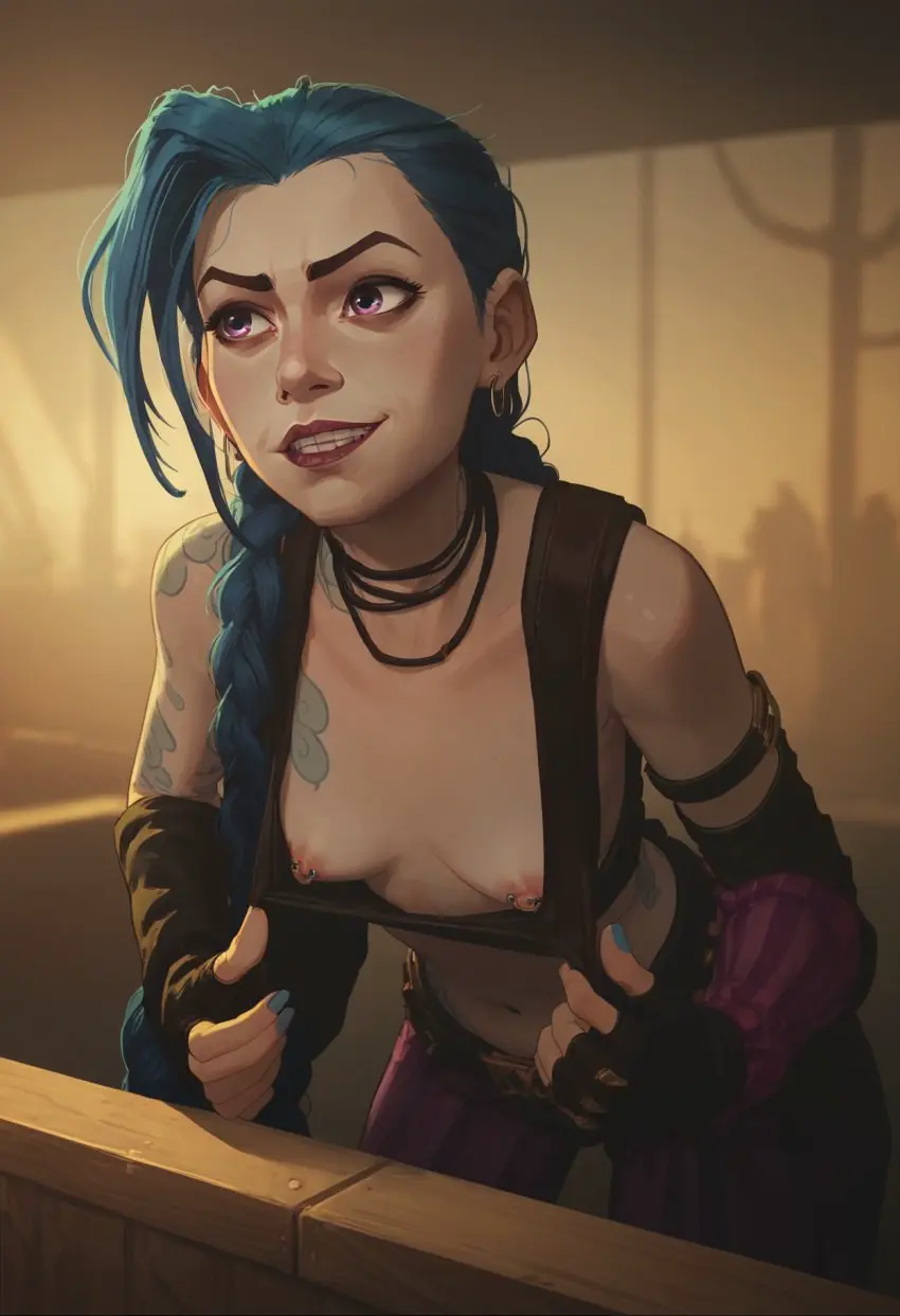 Image 1girls,breasts,exposed_breasts,female,female_only,no_bra,solo,blue_hair,small_breasts,ai_generated,tattoo,purple_eyes,twintails,league_of_legends,riot_games,pierced_nipples,twin_braids,jinx_(league_of_legends),arcane,arcane_jinx