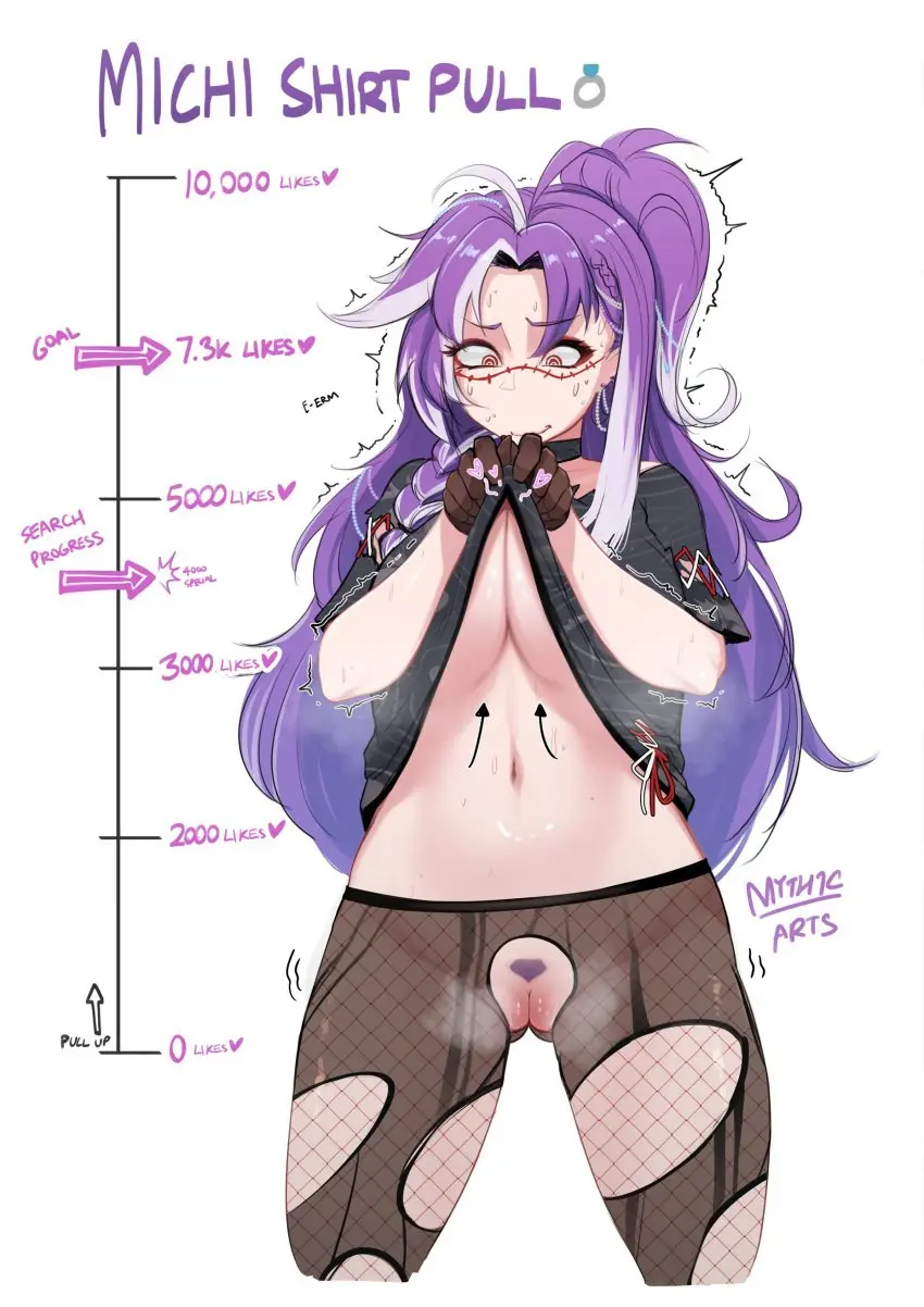 Image 1girls,female,female_only,light-skinned_female,light_skin,solo,white_background,pussy,virtual_youtuber,purple_hair,pubic_hair,shirt_lift,fishnets,exposed_pussy,michi_mochievee,myth1c,myth1carts,stitches,vshojo,twitter_strip_game_(meme)