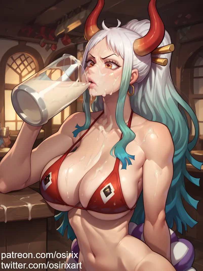 Image big_breasts,breasts,female,female_only,large_breasts,white_hair,blue_hair,cum,cum_on_face,one_piece,yamato_(one_piece),horns,ai_generated,stable_diffusion,cum_on_breasts,cum_on_body,bikini_top,drinking_cum,tavern,osirix,blue_highlights,cum_drinking,gokkun