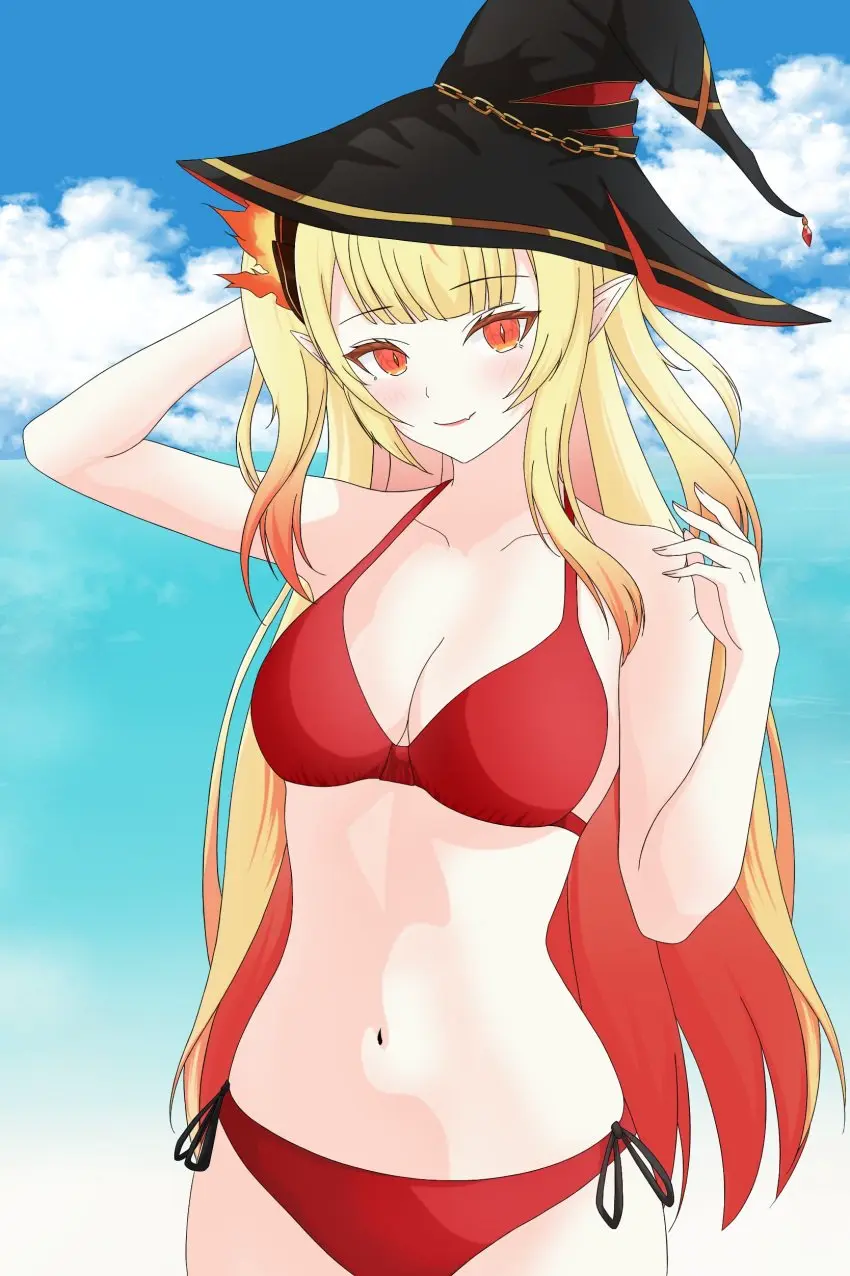 Image 1girls,blush,breasts,female,female_only,highres,light-skinned_female,light_skin,long_hair,looking_at_viewer,red_eyes,solo,standing,red_hair,bikini,bra,hat,two_tone_hair,beach,smiling,smiling_at_viewer,virtual_youtuber,ocean,sky,belly_button,vtuber,youtube,youtube_hispanic,2d,blonde_hair,medium_breasts,pointy_ears,outdoors,hourglass_figure,alternate_costume,2d_(artwork),high_resolution,thong,front_view,witch_hat,younger_female,blue_sky,day,summer,clouds,thong_bikini,two_piece_swimsuit,vtuberfanart,arm_behind_head,red_bikini,idol_corp,idol_es,raidenakatsuki,eternals_(idol_corp),ruby_runeheart