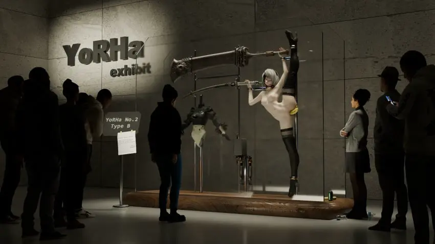 Image female,white_hair,nude,pussy,nude_female,naked,3d,blender,humiliation,restrained,bondage,looking_at_pussy,blindfold,blindfolded,bound,gagged,restraints,sword,crowd_watching,gagged_female,nier:_automata,yorha_2b,improvised_dildo,forced_exposure,humiliated,forced_presentation,banana,banana_insertion,d34db33f,exhibit