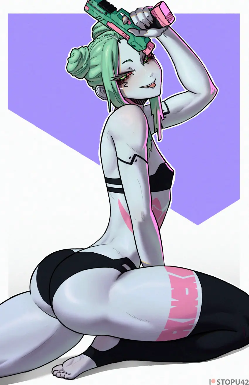 Image 1girls,blush,breasts,clothing,female,highres,looking_at_viewer,smile,solo,absurdres,black_legwear,thighhighs,tongue_out,bra,panties,tongue,underwear,ass,small_breasts,thick_thighs,thighs,kneeling,solo_female,tattoo,green_eyes,spread_legs,pink_eyes,double_bun,black_panties,green_hair,cyberpunk_(series),cyberpunk_2077,leg_tattoo,neck_tattoo,heterochromia,young,cyborg,colored_skin,weapon,younger_female,flat_chest,flat_chested,hair_bun,wedgie,toned,naughty_face,young_female,black_thighhighs,red_pupils,gun,red_sclera,black_bra,cyberpunk:_edgerunners,rebecca_(edgerunners),handgun,colored_sclera,matching_underwear,stomach_tattoo,stopu,artificial_eye,mechanical_eye,pink_tattoo,flat_n_thick