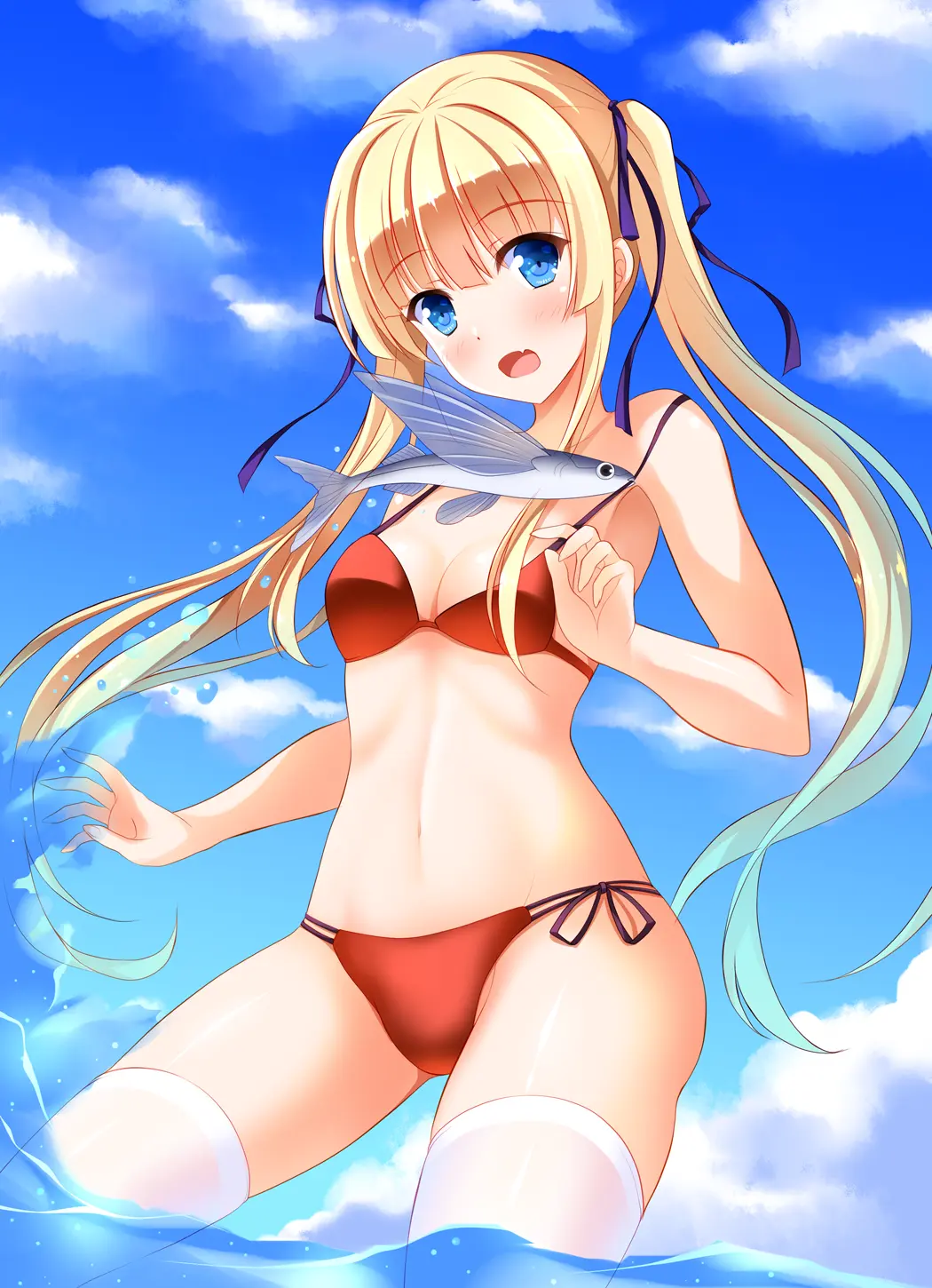 Image 1girls,female,long_hair,looking_at_viewer,open_mouth,blue_eyes,bikini,water,belly,belly_button,blonde_hair,red_bikini,sky_background,saenai_heroine_no_sodatekata,八神晨月,eriri_spencer_sawamura