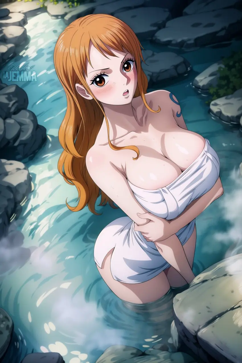 Image 1girls,female,female_only,looking_at_viewer,solo,looking_back,one_piece,ai_generated,nami_(one_piece),post-timeskip,solo_female,pink_hair,towel,onsen,looking_up,towel_only,jemmasoria
