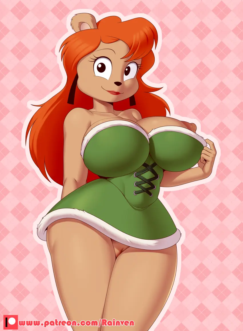 Image clothed,clothing,female,hi_res,looking_at_viewer,nipples,simple_background,smile,solo,orange_hair,hair,anthro,absurd_res,mammal,makeup,lipstick,bear,brown_body,warner_brothers,tiny_toon_adventures,rainven,julie_bruin