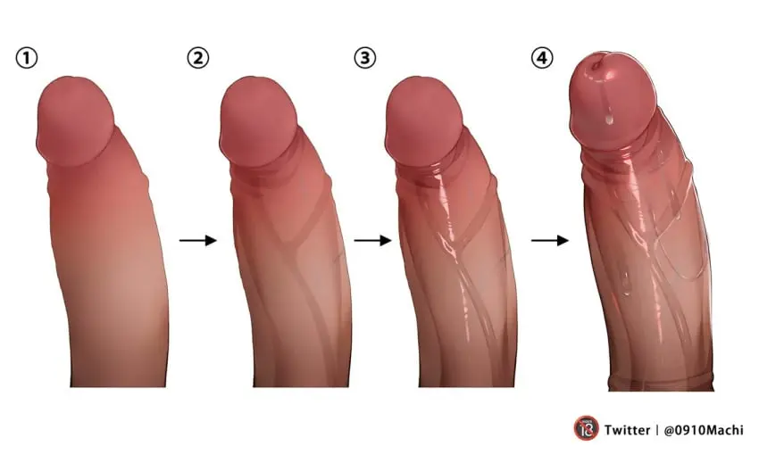 Image shiny_skin,simple_background,white_background,1boy,male,penis,uncensored,erection,veins,veiny_penis,original,precum,disembodied_penis,male_focus,twitter_username,no_visible_face,arrow_(symbol),progression,machi_(7769)
