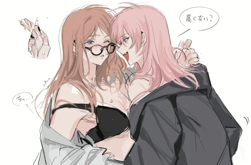 Image breasts,female,highres,long_hair,open_clothes,open_mouth,open_shirt,shirt,simple_background,white_background,2girls,blue_eyes,multiple_girls,sidelocks,sweat,cute_fang,bra,underwear,cleavage,glasses,pink_hair,medium_breasts,one_eye_closed,parted_lips,brown_hair,grey_eyes,looking_at_another,yuri,white_shirt,fingering,off_shoulder,strap_slip,eye_contact,translation_request,speech_bubble,black_shirt,black_bra,bang_dream!,bang_dream!_it's_mygo!!!!!,chihaya_anon,nagasaki_soyo,siy_(shengxiu760722)