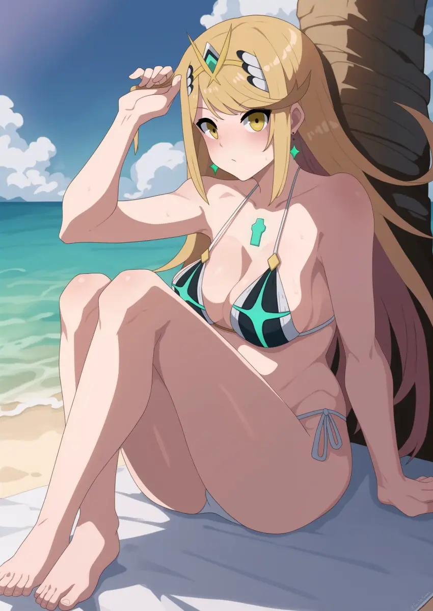 Image big_breasts,blush,breasts,female,long_hair,looking_at_viewer,sidelocks,yellow_eyes,bikini,earrings,beach,feet,water,sky,ai_generated,cleavage,gem,jewelry,sideboob,blonde_hair,sitting,swimsuit,absurd_res,cloud,nintendo,sand,core_crystal,xenoblade_(series),xenoblade_chronicles_2,arm_support,outside,swept_bangs,full_body,ai_assisted,tiara,on_ground,cloudy_sky,crossed_legs,high_res,mythra,blanket,chest_jewel,headpiece,side-tie_bikini_bottom,alluring,core_crystal_(xenoblade),guilegaze,drop_earrings,hand_in_own_hair