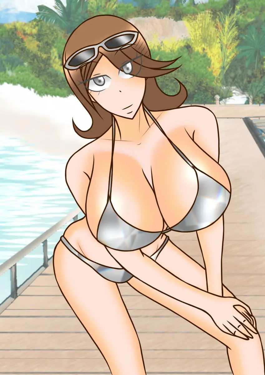 Image 1girls,big_breasts,breasts,female,bikini,cleavage,sunglasses_on_head,brown_hair,sunglasses,silver_bikini,alluring,super_sentai,mokuro_(artist),escape_(go-busters),tokumei_sentai_go-busters