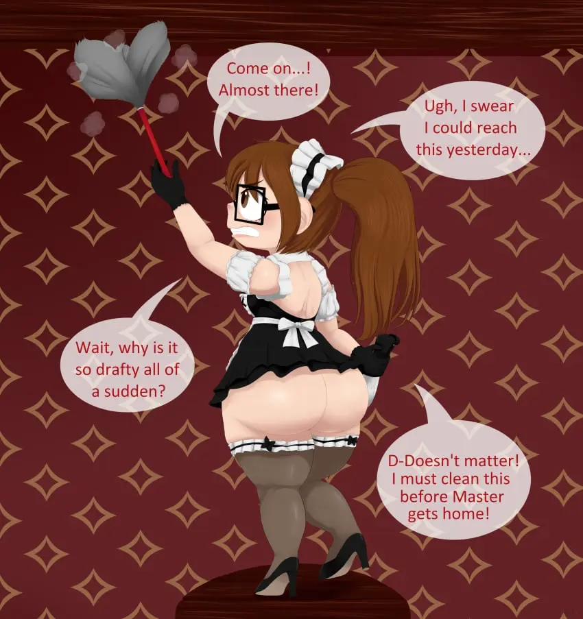 Image brown_eyes,female,female_only,solo,gloves,ass,huge_ass,ponytail,solo_female,glasses,stockings,brown_hair,maid,maid_outfit,maid_uniform,heels,rear_view,black_dress,maid_headdress,ass_focus,shortstack,back_view,exposed_ass,annoyed,short_stack,feather_duster,short_skirt,butt_focus,mentalcrash,morgan_(morgypietfs)