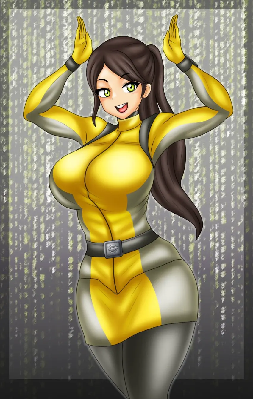 Image 1girls,big_breasts,breasts,female,yellow_eyes,ponytail,brown_hair,bodysuit,alluring,super_sentai,tokumei_sentai_go-busters,treezero,usami_youko