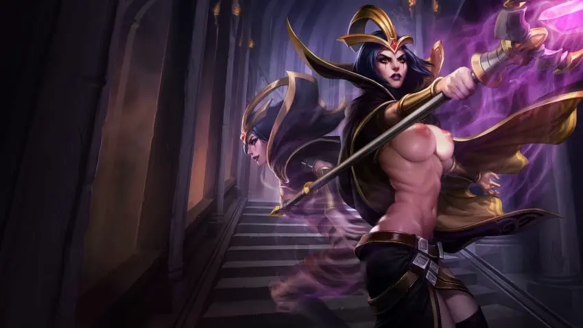 Image 1girls, big_breasts, breasts, female, female_only, human, solo, standing, ai_generated, solo_female, topless, league_of_legends, leblanc, splash_art