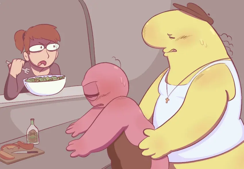 Image male,2boys,anal,yaoi,size_difference,gay,sweatdrop,public,meme,overweight,overweight_male,apron_only,public_sex,yaoi_with_female_audience,watching,pim_(smiling_friends),smiling_friends,tank_top_only,charlie_(smiling_friends),mintyconolies,right_in_front_of_my_salad?_(meme),charlie's_girlfriend_(smiling_friends),zoey_(smiling_friends)
