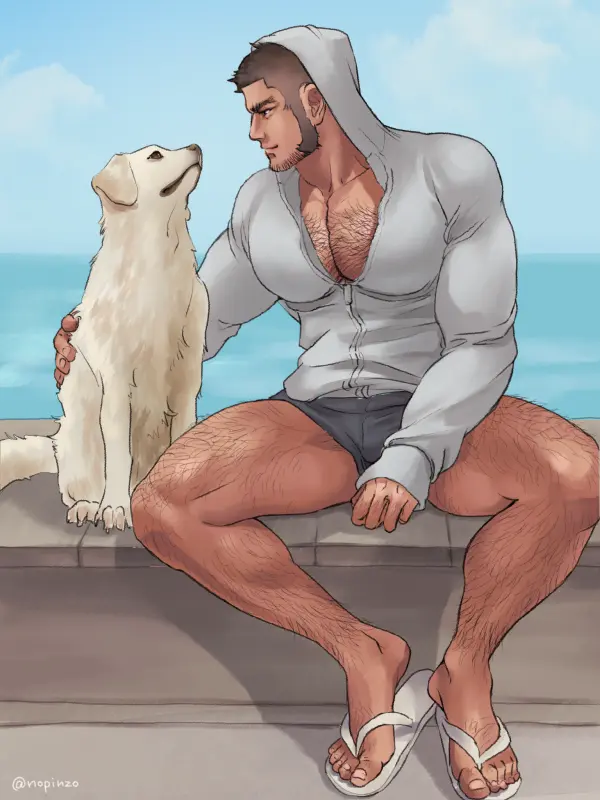 Image 1boy,black_hair,male,short_hair,thick_thighs,thighs,muscular,muscular_male,feet,yaoi,spread_legs,sitting,bara,canine,shorts,2024,male_focus,hood,hood_up,hoodie,pectorals,beard,sandals,facial_hair,huge_pectorals,hairy,grey_shorts,body_hair,hairy_chest,no_visible_genitalia,muscular_thighs,twitter_username,chest_hair,pectoral_cleavage,stubble,short_shorts,beard_stubble,leg_hair,very_short_hair,seaside,buzz_cut,hairy_thighs,golden_kamuy,sideburns,tanigaki_genjirou,long_sideburns,grey_hoodie,foot_hair,flip-flops,hairy_feet,hand_on_animal,looking_at_animal,nopinzo