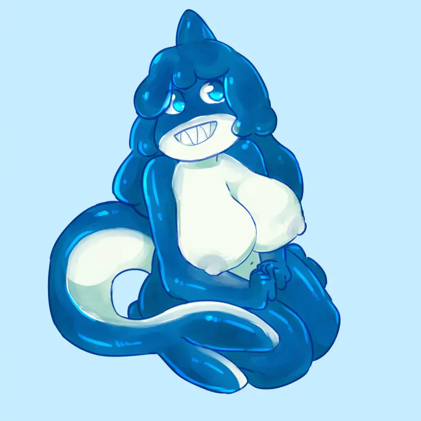 Image breasts,female,hi_res,looking_at_viewer,nipples,simple_background,smile,solo,blue_eyes,nude,tail,colored,areola,digital_drawing_(artwork),digital_media_(artwork),shaded,teeth,hair,anthro,slightly_chubby,genitals,blue_body,fin,fish,marine,shark,anthrofied,1:1,2020,food,food_creature,candy,dessert,gummy_(food),living_candy,gummy_creature,currentlytr_ash,gummy_shark