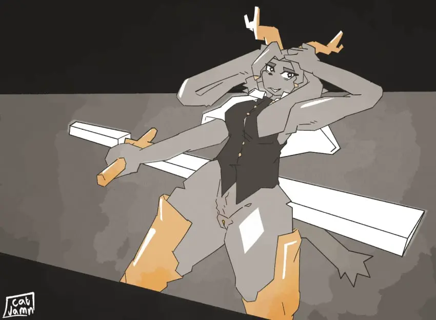Image clothed,clothing,female,solo,pussy,anthro,genitals,horn,antlers,partially_clothed,weapon,armor,body_hair,armpit_hair,pseudoregalia,sybil_(pseudoregalia),catjam_(artist)