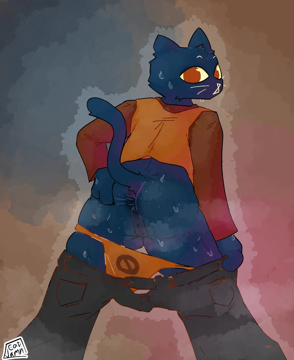 Image clothed,clothing,female,hi_res,looking_at_viewer,pants,solo,pussy,sweat,panties,underwear,looking_back,anthro,pants_down,anus,bodily_fluids,fur,genitals,mammal,panties_down,partially_clothed,feline,blue_body,blue_fur,undressing,felid,bottomwear,bottomwear_down,musk,musk_clouds,underwear_down,mae_borowski,night_in_the_woods,catjam_(artist)