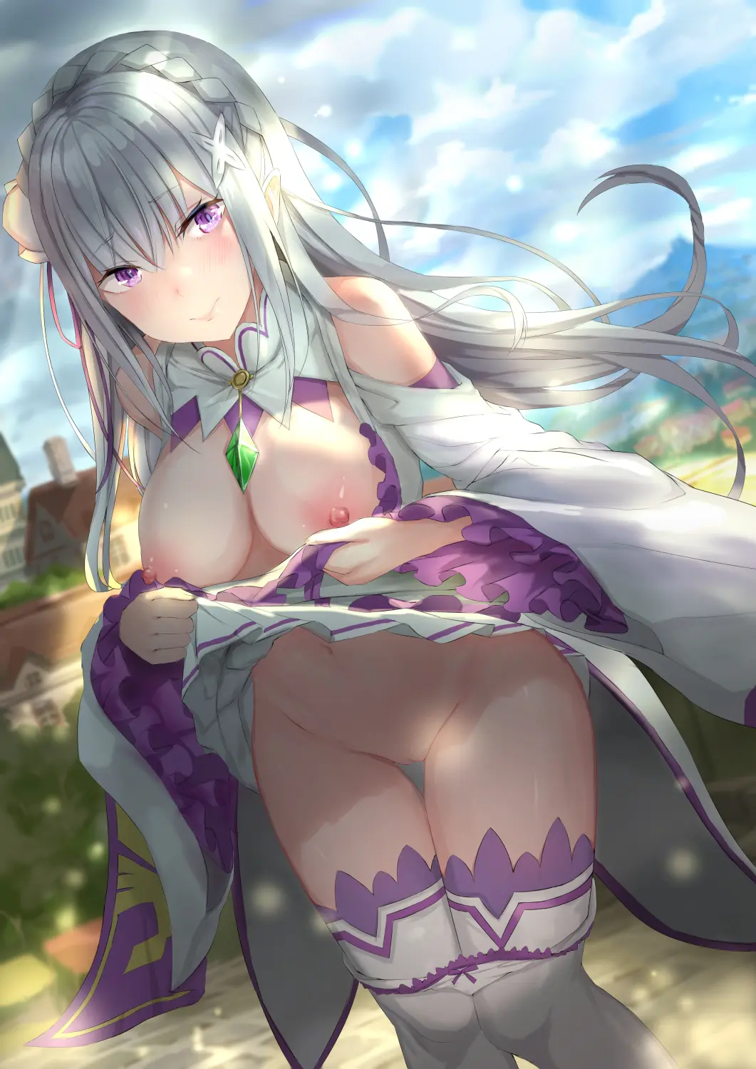 Image blush,breasts,breasts_out,female,grey_hair,hair_ornament,highres,long_hair,looking_at_viewer,nipples,smile,solo,white_hair,pussy,thighhighs,panties,underwear,embarrassed,sky,bare_shoulders,gem,medium_breasts,dress,lips,elf,pointy_ears,stockings,hair_ribbon,purple_eyes,cloud,braid,outdoors,re:zero_kara_hajimeru_isekai_seikatsu,public,skirt,ribbon,clothes_lift,flower,hair_flower,commission,panty_pull,skirt_lift,sunlight,skeb_commission,cloudy_sky,white_flower,public_nudity,crown_braid,exhibitionism,x_hair_ornament,emilia_(re:zero),rose,public_indecency,house,purple_ribbon,white_rose,green_gemstone,dappled_sunlight,tomaco