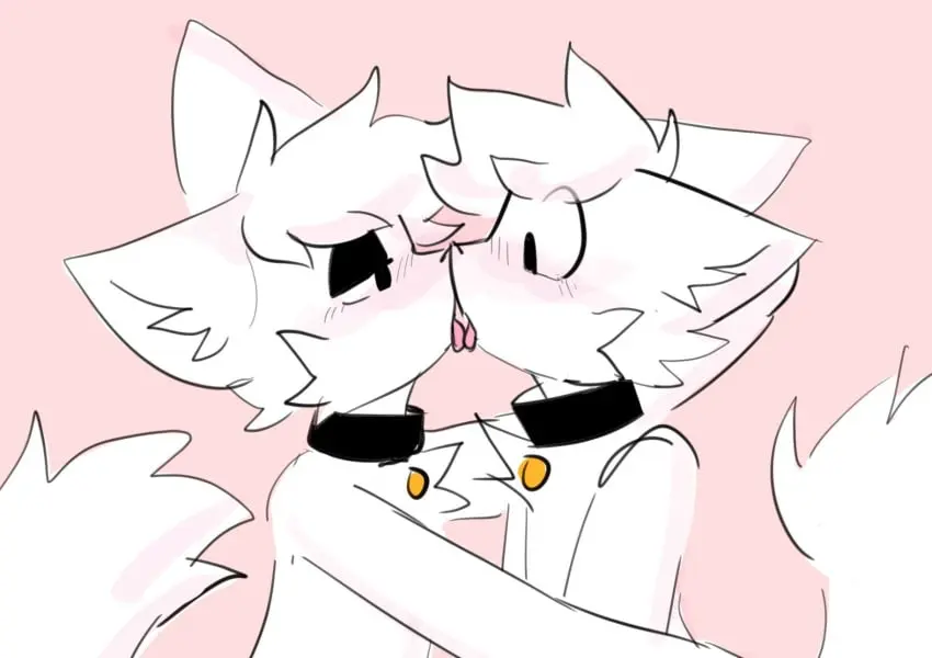 Image male,furry,2boys,gay,collar,fur,kissing,white_fur,blushing,pink_background,2femboys,making_out,silly_cat_(mauzymice),boykisser,skipper_kat