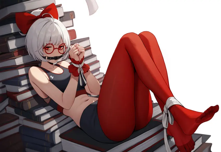 Image looking_at_viewer,red_eyes,white_hair,ai_generated,hair_ribbon,bondage,the_legend_of_zelda,ball_gag,bound_wrists,gag,gagged,bound_ankles,tears_of_the_kingdom,books,purah,purah_(tears_of_the_kingdom),megane,blackjackmacbastard