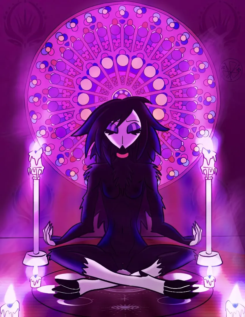 Image breasts,female,hi_res,nipples,solo,nude,pussy,digital_media_(artwork),anthro,clitoris,demon,absurd_res,genitals,avian,bird,owl,magic,helluva_boss,light,casual,tasteful_nudity,relaxing,candle,candlelight,octavia_(helluva_boss),owl_demon,ritual,magic_circle,stained_glass,ritual_site,meditation,kaitosha,magick,meditating,mudra,rose_window,spiritual,spirituality