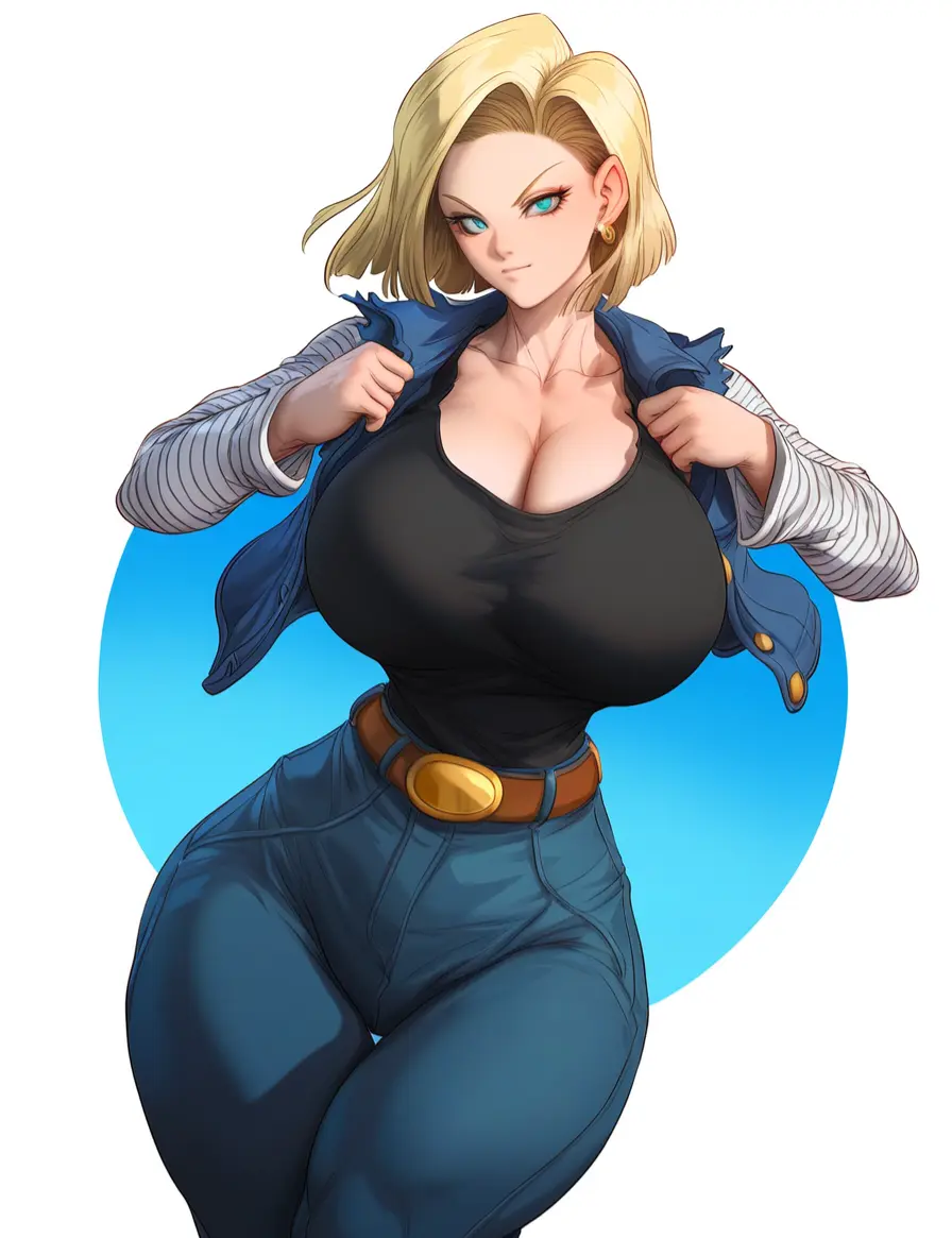 Image breasts,female,looking_at_viewer,short_hair,wide_hips,ai_generated,cleavage,clothed_female,huge_breasts,massive_breasts,blonde_hair,android_18,dragon_ball,dragon_ball_z,hourglass_figure,thin_waist,blue_jeans,black_shirt,clothed_breasts,cattlec,opening_jacket