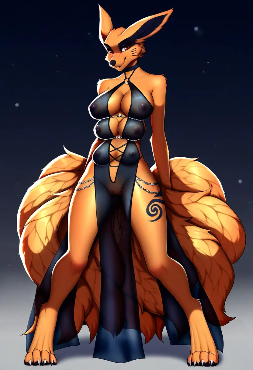 Image female,furry,ai_generated,nine_tailed_fox,naruto,fox,translucent_clothing,black_nipples,multi_breast,kitsune,kurama,female_kurama_(naruto)
