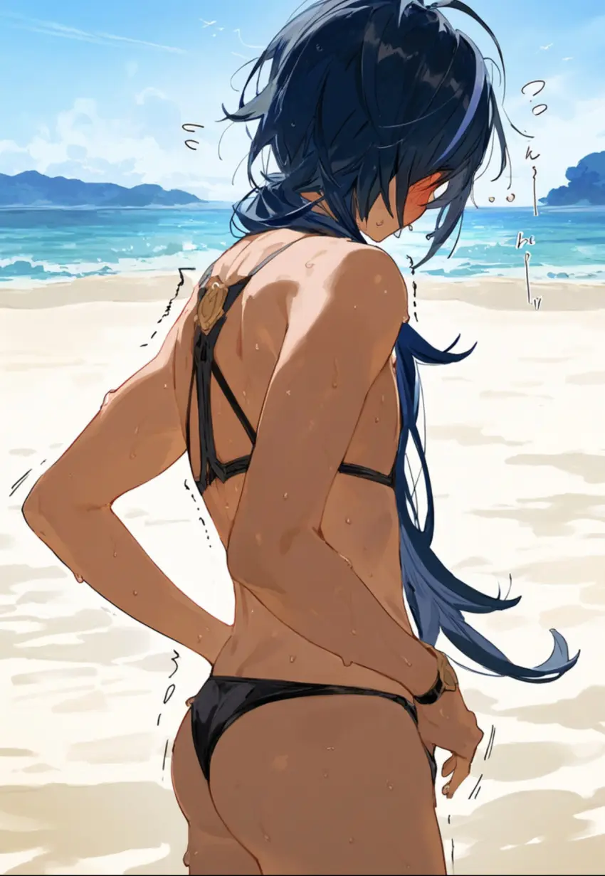 Image blush,blue_hair,male,bikini,ass,shy,ai_generated,femboy,male_only,looking_away,tan_body,petite,genshin_impact,trembling,petite_body,submissive_male,submissive,male_focus,undressing,undressing_self,kaeya_(genshin_impact),turning_head,petite_male,boy_in_swimsuit,turning_back