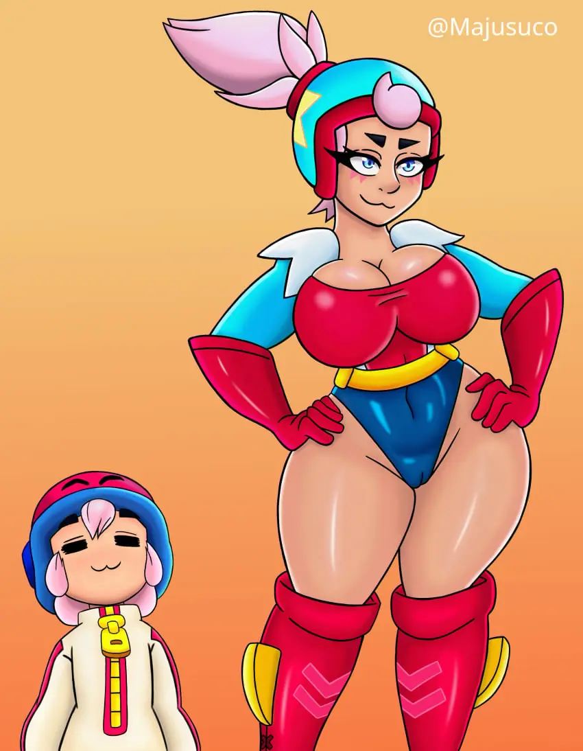 Image big_breasts, breasts, clothing, female, 2girls, multiple_girls, thick_thighs, hips, pink_hair, legs, brawl_stars, janet_(brawl_stars), majusuco, bonnie_(brawl_stars)