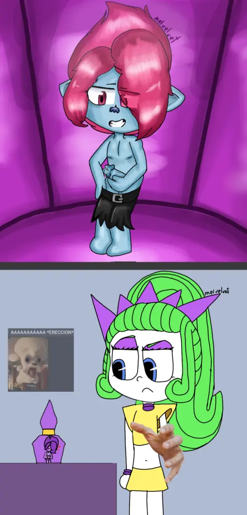 Image 1girls,female,1boy,male,penis,erection,size_difference,cock,comic,masturbation,captured,meme,shorts_down,dreamworks,short_shorts,funny,trolls,trolls_band_together,meme_in_the_background,one-handed_masturbation,velvet_(trolls),floyd_(trolls)