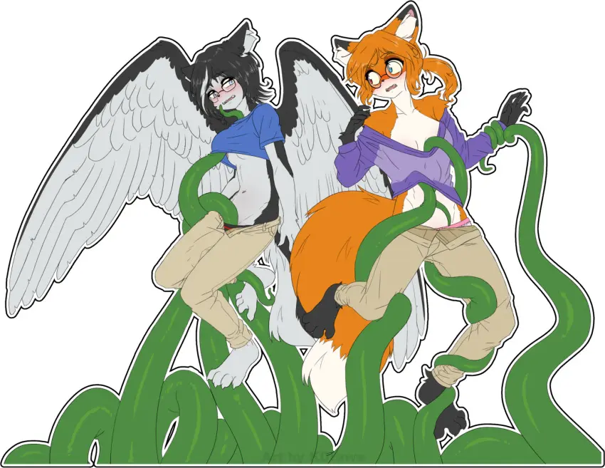 Image blush,breasts,clothing,female,nipples,open_mouth,pants,shirt,simple_background,2girls,black_hair,blue_eyes,multiple_girls,short_hair,panties,underwear,small_breasts,duo,eyewear,glasses,feathered_wings,feathers,wings,anthro,spread_legs,black_panties,restrained,tentacle,canid,canine,canis,domestic_dog,mammal,shirt_lift,heterochromia,furry_only,striped_panties,suspension,fox,topwear,bottomwear,pink_panties,spitz,husky,nordic_sled_dog,alpha_channel,green_tentacles,grope,kdraws,tentacles_under_clothes,aisty_(mancoin),amber_(mancoin),foxyverse