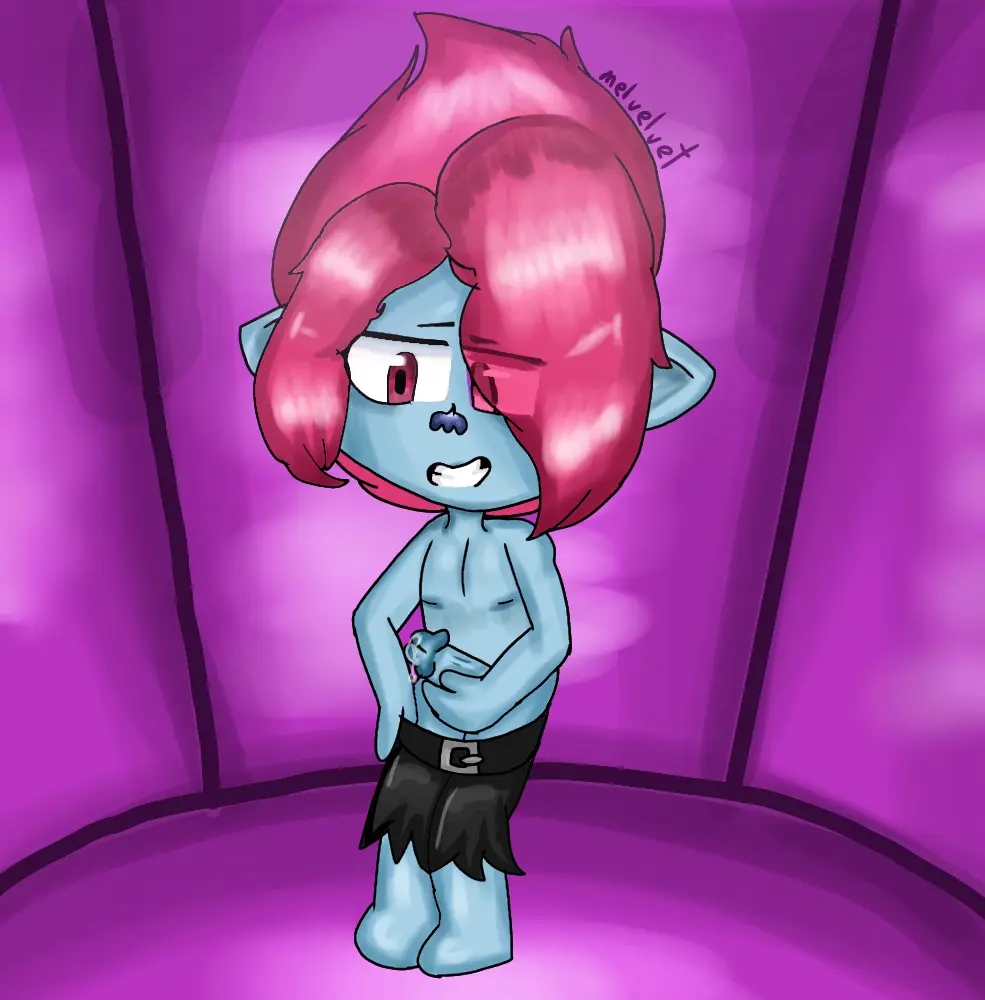 Image blush,1boy,male,masturbation,young,captured,toony,shorts_down,short_shorts,trolls,trolls_band_together,alone,one-handed_masturbation,floyd_(trolls)