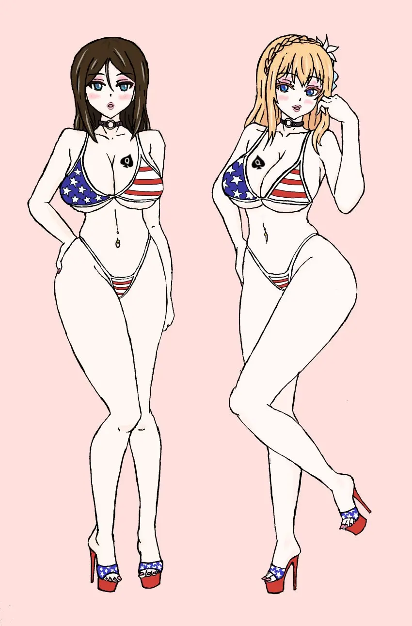 Image blush,breasts,female,female_only,large_breasts,looking_at_viewer,2girls,blue_eyes,choker,wide_hips,tagme,blonde_hair,curvy_female,brown_hair,collar,bimbo,heels,high_heels,platform_heels,girls'_frontline,qos,queen_of_spades,mosin-nagant_(girls'_frontline),american_flag_bikini,heavy_makeup,crown_braid,bimbofication,flag_bikini,qos_tattoo,girls_und_panzer,waze_(artist),nonna,nonna_(girls_und_panzer)