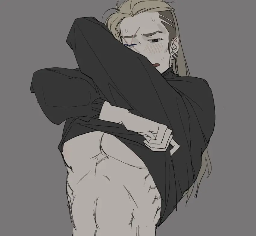 Image blush,1boy,male,male_only,blonde_hair,pecs,shirt_lift,taking_clothes_off,riot_games,blonde_hair_male,valorant,shirt_up,lifting_shirt,taking_off_shirt,sova_(valorant),yingsek04