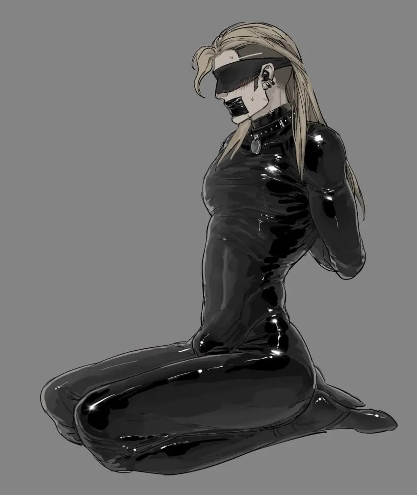 Image blush,long_hair,1boy,male,male_only,blonde_hair,bulge,collar,latex,riot_games,bulge_through_clothing,blindfold,blonde_hair_male,skin_tight,valorant,latex_suit,taped_mouth,sova_(valorant),yingsek04