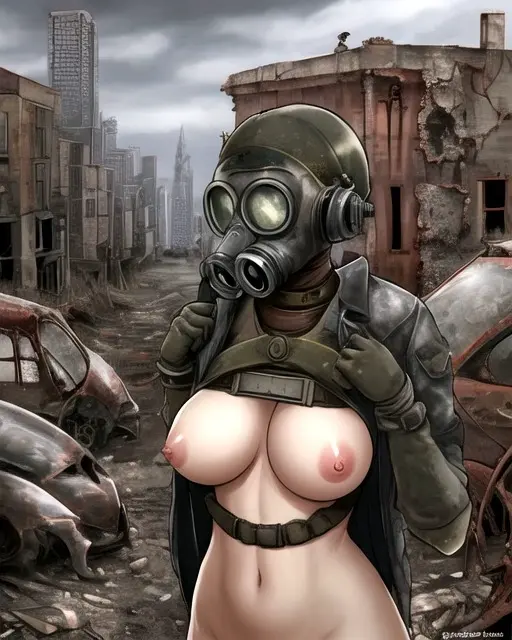 Image female,female_only,female_focus,ai_generated,original_character,gas_mask,ai_hands,hidden_face,apocalypse