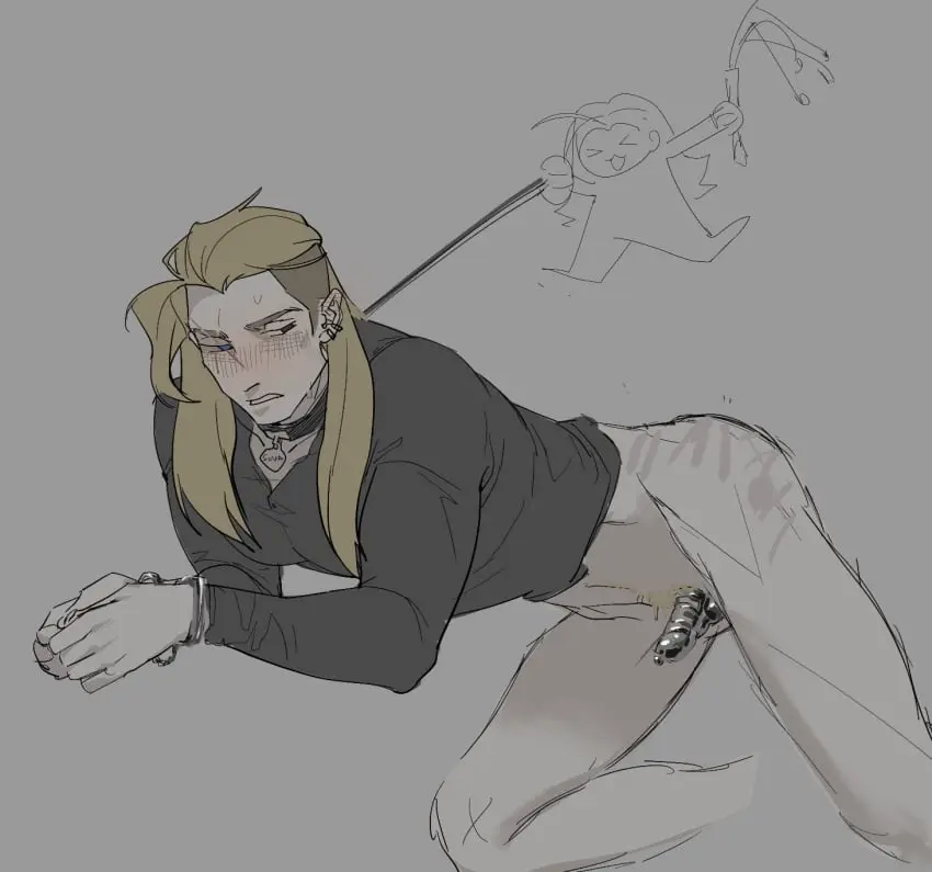 Image blush,long_hair,male,penis,male_only,blonde_hair,gay,pubic_hair,collar,chastity_cage,skinny,no_pants,riot_games,pubes,blonde_hair_male,restraints,valorant,chastity_device,spank_marks,hand_cuffs,sova_(valorant),yingsek04