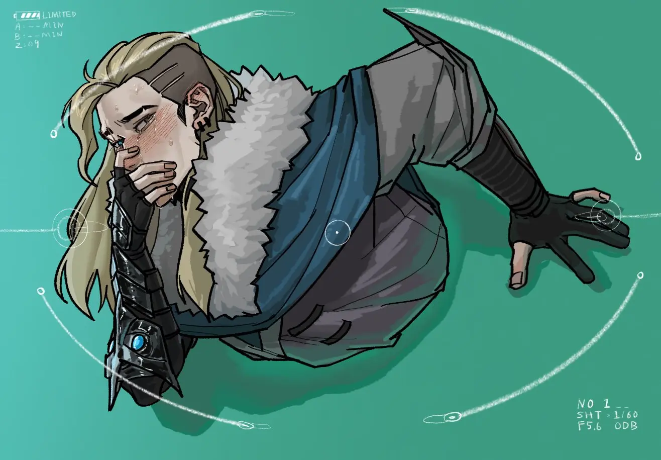 Image blush,male,male_only,blonde_hair,crying,crying_with_eyes_open,riot_games,implied_sex,blonde_hair_male,hand_on_mouth,valorant,covering_mouth,camera,implied_anal,stuck_in_wall,sova_(valorant),yingsek04