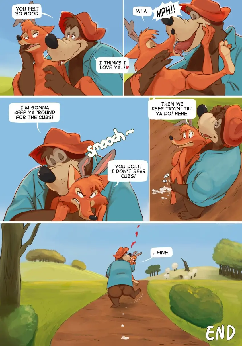 Image blush,clothed,clothing,hi_res,open_mouth,open_shirt,shirt,smile,cum,male,nude,ass,disney,hat,duo,headwear,feet,male/male,headgear,open_smile,size_difference,anthro,tan_body,text,looking_at_partner,finger_in_mouth,closed_eyes,rabbit_ears,comic,genital_fluids,bodily_fluids,canid,canine,fur,mammal,dialogue,looking_at_another,bottomless,sound_effects,english_text,leaking_cum,orange_body,kissing,bear,4_fingers,fingers,speech_bubble,brown_fur,toes,fox,topwear,tan_fur,brown_body,orange_fur,heart_symbol,open_clothing,3_toes,open_topwear,cum_trail,french_kissing,big_tongue,br'er_bear,br'er_fox,song_of_the_south,splash_mountain,swarentaiger