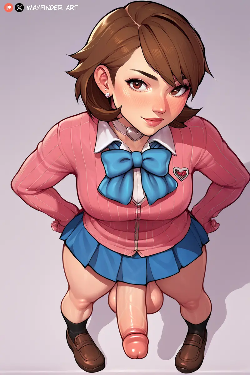 Image solo,1futa,futanari,high-angle_view,intersex,ai_generated,balls,stable_diffusion,testicles,futa_only,persona,viewed_from_below,persona_3,yukari_takeba,wayfinder_art