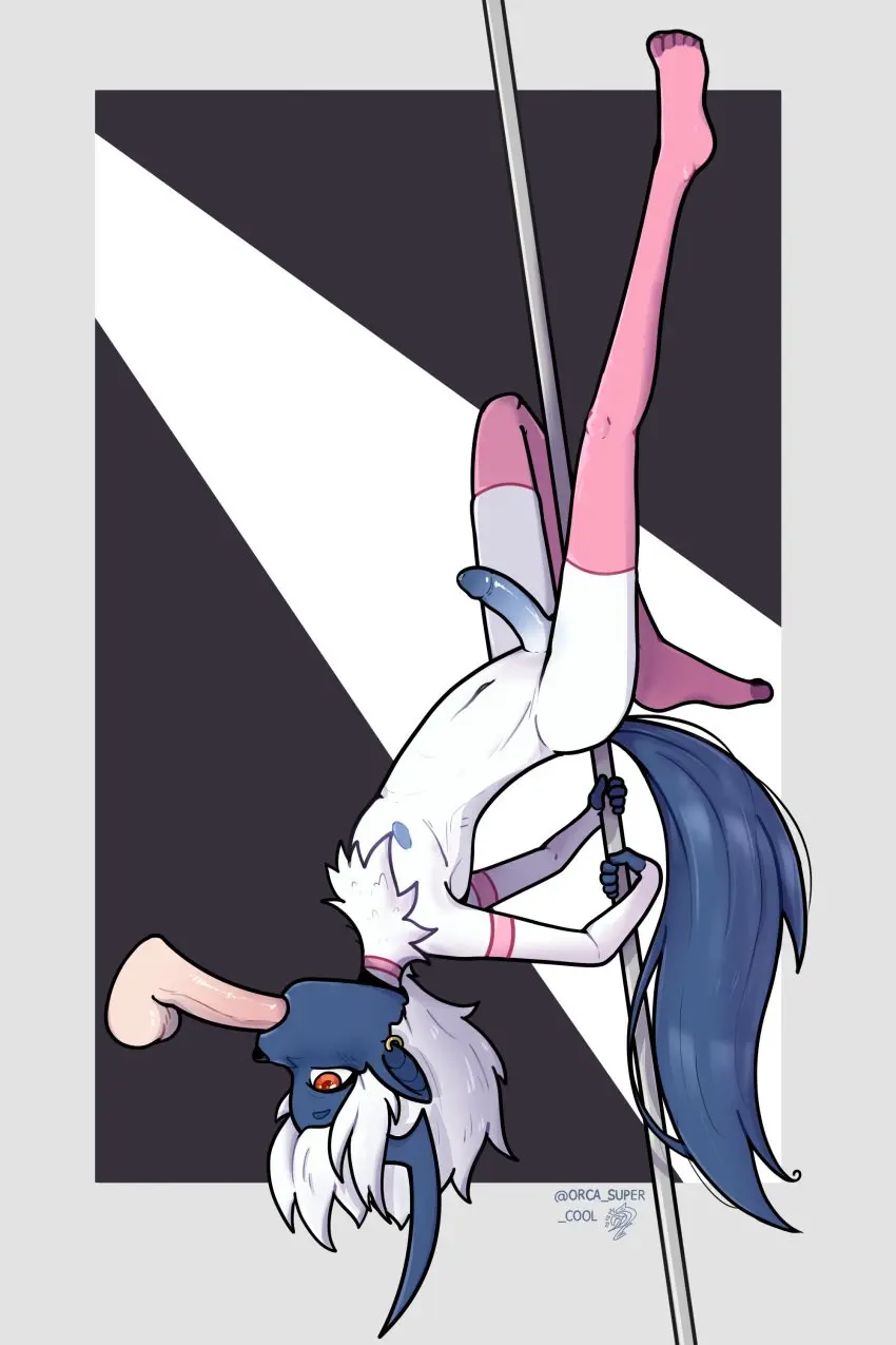 Image clothed,clothing,hi_res,nipples,red_eyes,simple_background,white_hair,male,navel,nude,oral,penis,pokemon,pokemon_(species),choker,erection,watermark,femboy,male/male,digital_drawing_(artwork),digital_media_(artwork),jewelry,lingerie,balls,hair,anthro,piercing,absurd_res,necklace,nintendo,fur,genitals,horn,ear_piercing,legwear,2024,blue_body,white_body,disembodied_penis,white_fur,humanoid_pointy_ears,naked_thighhighs,blue_skin,pink_clothing,generation_3_pokemon,plantigrade,pantsless,ear_ring,ring_piercing,pole,upside-down,upside_down_fellatio,bottomless_anthro,curved_horn,dancing,pole_dancing,absol,pink_legwear,mash-chan,orcakingu,pole_between_legs