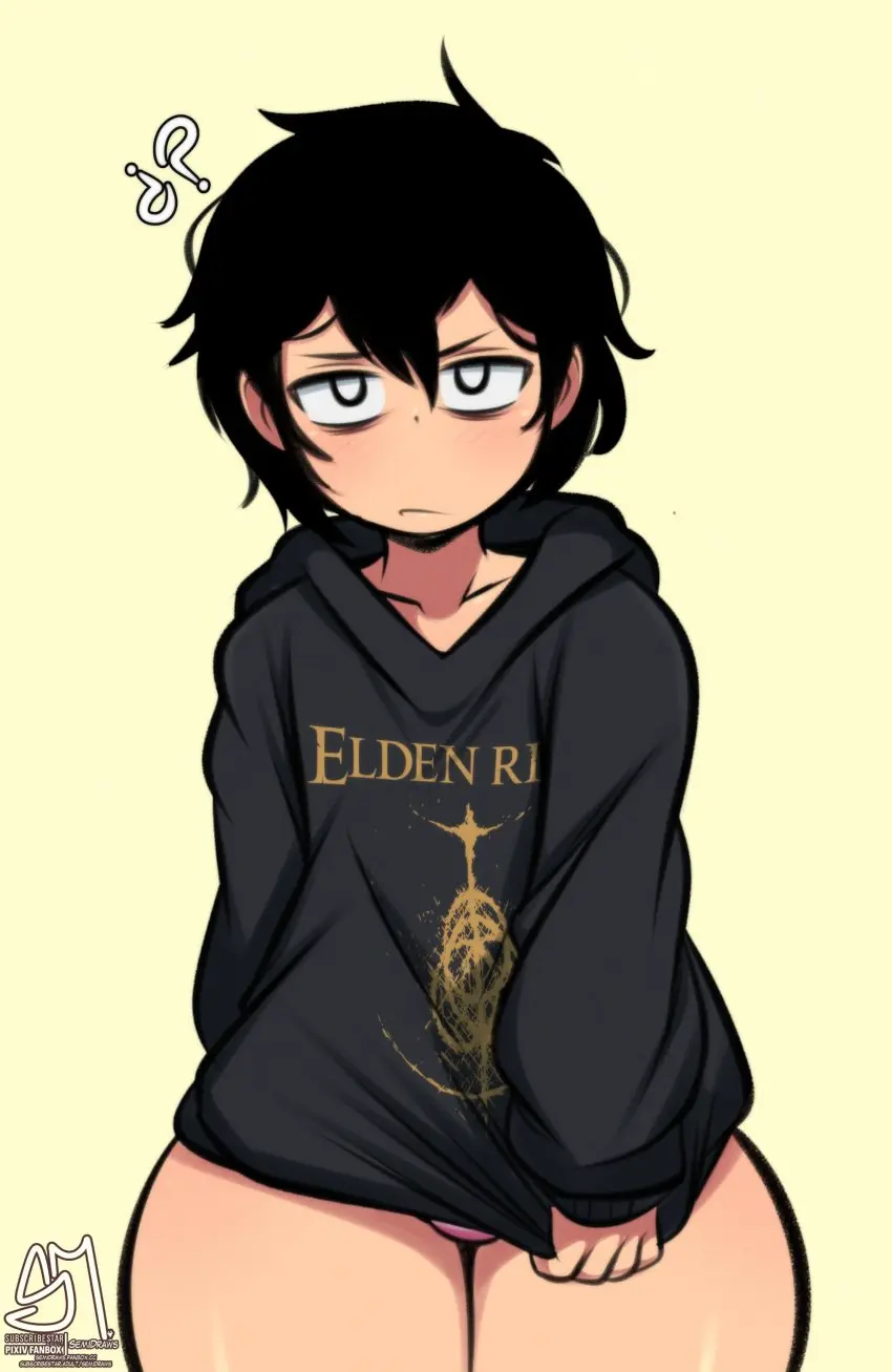Image light_skin,looking_at_viewer,solo,1boy,black_hair,male,short_hair,femboy,male_only,artist_name,light-skinned_male,2d,original,original_character,1femboy,artist_signature,bottomless,2d_(artwork),oc,solo_male,hoodie,topwear,self_insert,bottomless_male,pulling,pulling_clothing,topwear_only,elden_ring,tired_eyes,solo_femboy,bottomless_femboy,semidraws,logo_on_clothes,semifemboi_(semidraws)