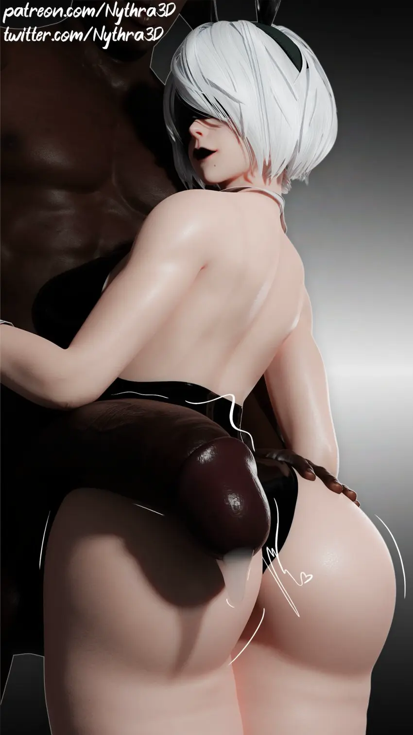 Image 1girls,female,looking_at_viewer,1boy,male,penis,big_ass,huge_ass,dark-skinned_male,dark_skin,interracial,huge_cock,bunny_ears,3d,precum,ass_focus,bunnysuit,large_penis,precum_drip,large_ass,black_lipstick,nier:_automata,yorha_2b,nythra3d