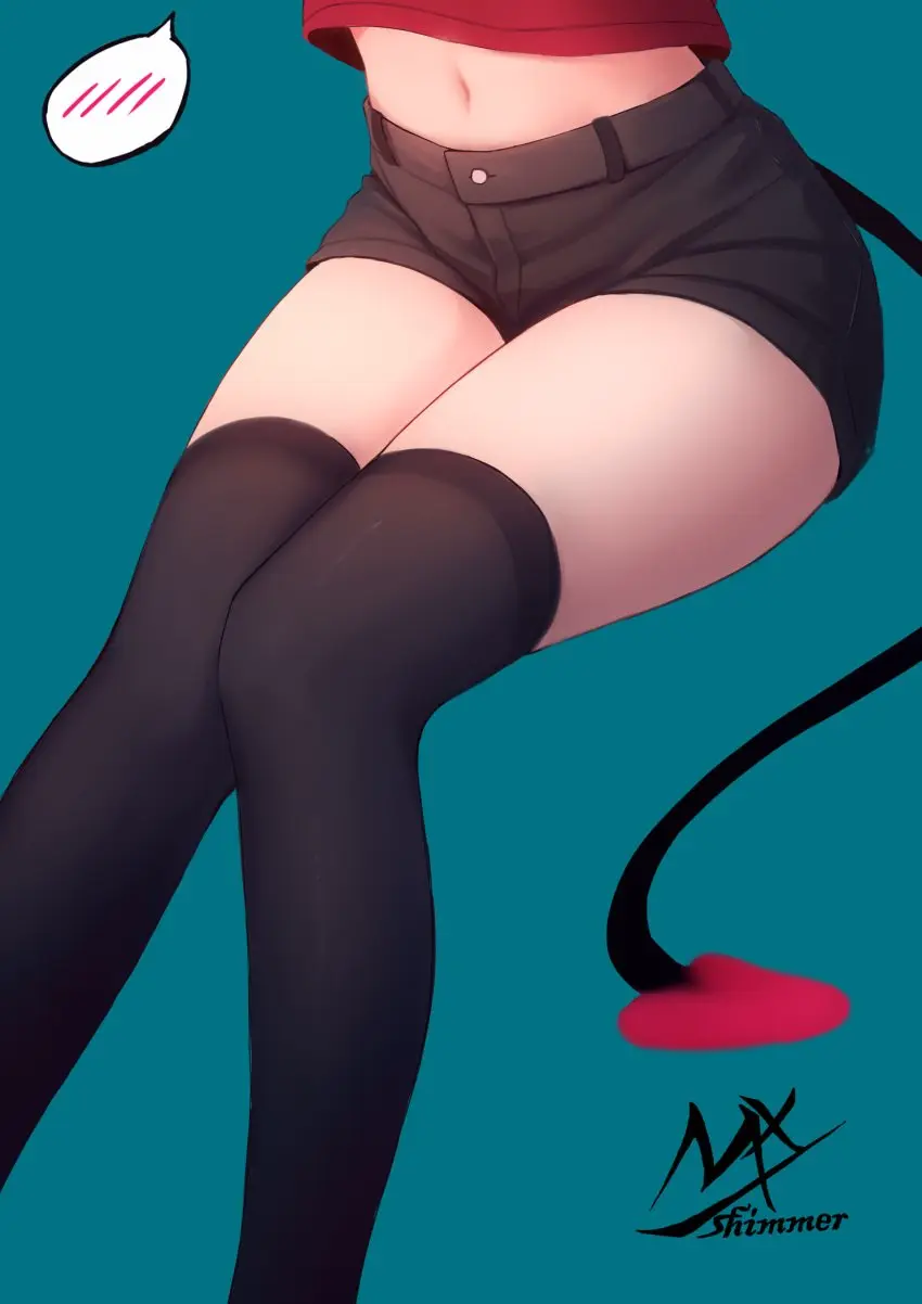 Image female,highres,shirt,simple_background,solo,navel,tail,thighhighs,demon_tail,blue_background,artist_name,midriff,sitting,original,feet_out_of_frame,black_shorts,shorts,crop_top,black_thighhighs,short_shorts,red_shirt,spoken_blush,black-haired_demon_girl_(shimmer),shimmer