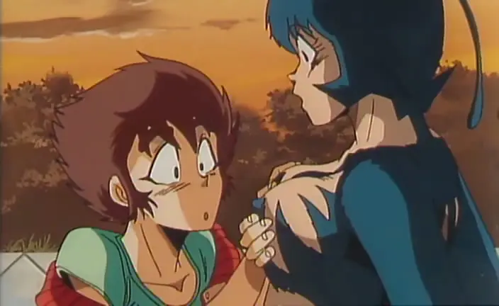 Image 1girls,big_breasts,breasts,female,nipples,1boy,male,short_hair,monster_girl,demon,demon_girl,fur,surprised,anime,hand_on_breast,screenshot,demoness,touching_breast,antennae,anime_screencap,ova,1992,dance_mephisto,hanappe_bazooka,hanappe_yamada