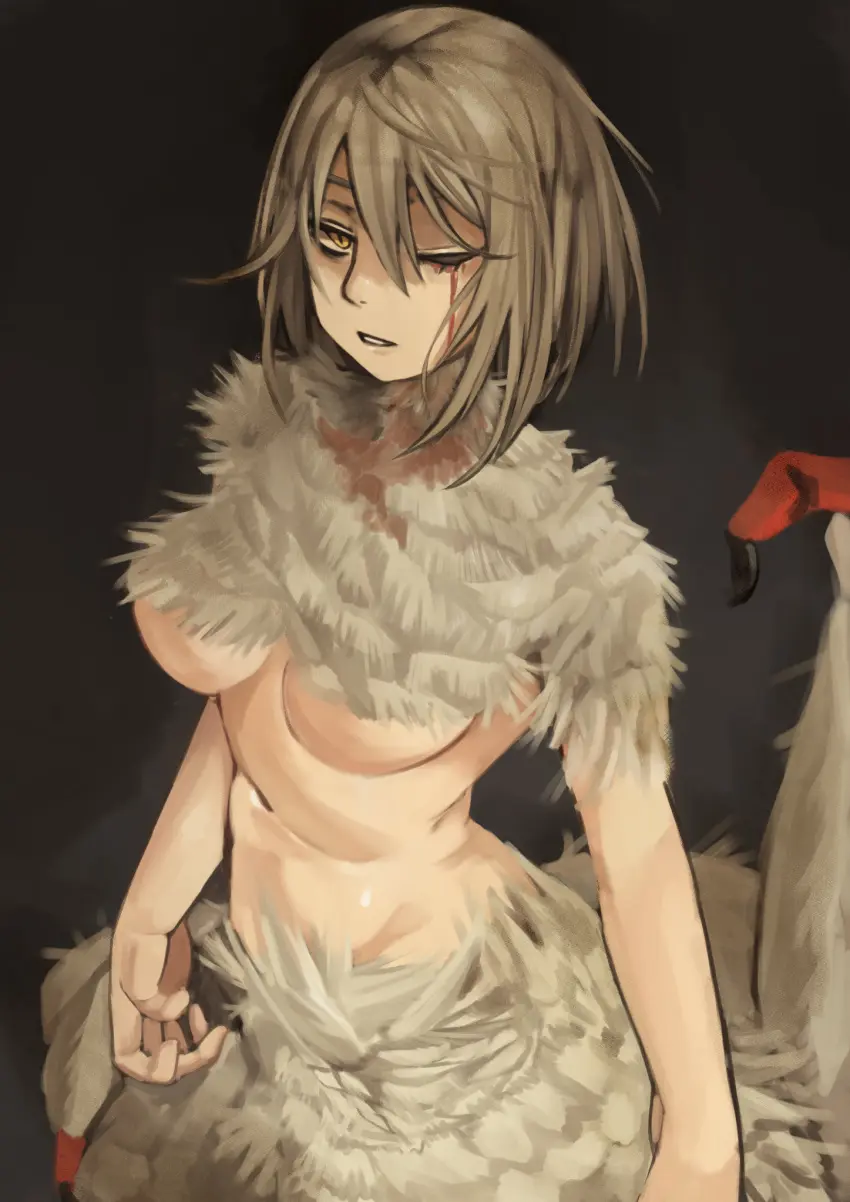 Image 1girls,breasts,female,looking_at_viewer,solo,yellow_eyes,underboob,feathers,blonde_hair,monster,monster_girl,medium_hair,blood,dungeon_meshi,chimera,falin_touden,falin_touden_(chimera),michibata_anko