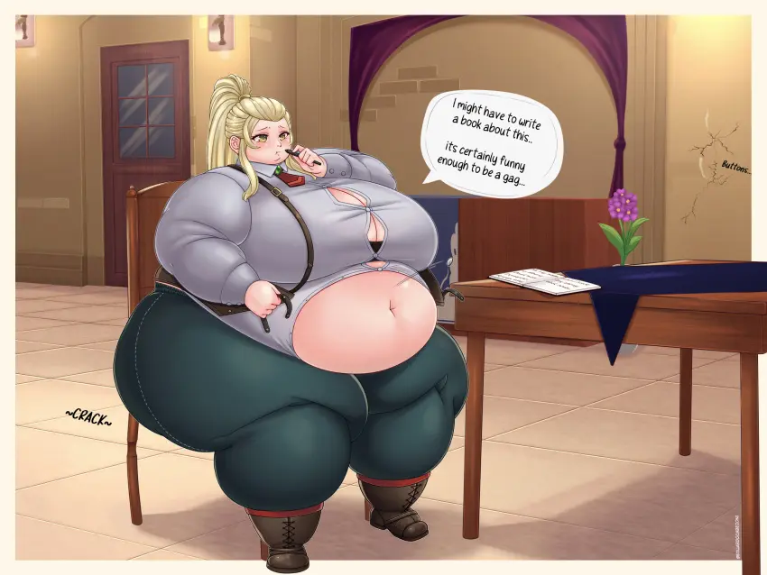 Image 1girls,2023,big_breasts,breasts,female,light-skinned_female,light_skin,long_hair,thick_thighs,thighs,ponytail,wide_hips,belly,big_belly,huge_belly,huge_breasts,text,blonde_hair,sitting,nintendo,fire_emblem,english_text,speech_bubble,fat,fat_female,overweight,overweight_female,sitting_on_chair,fat_fetish,fat_rolls,morbidly_obese,morbidly_obese_female,obese,ssbbw,fire_emblem_engage,bbw,onomatopoeia,obese_female,fat_thighs,weight_gain,belly_overhang,fat_belly,fat_arms,educabezon,jade_(fire_emblem)