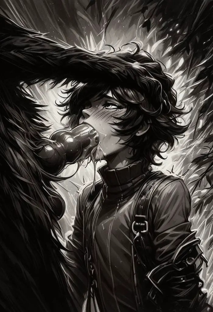 Image male,penis,fellatio,2boys,ai_generated,yaoi,monster,oral_sex,irrumatio,monster_cock,werewolf,anthro_on_human,knotted_penis